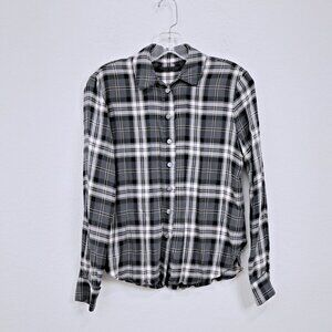 Jenni Kayne Plaid Botton Down & Back Relaxed Fit Shirt Black Cream Women XS